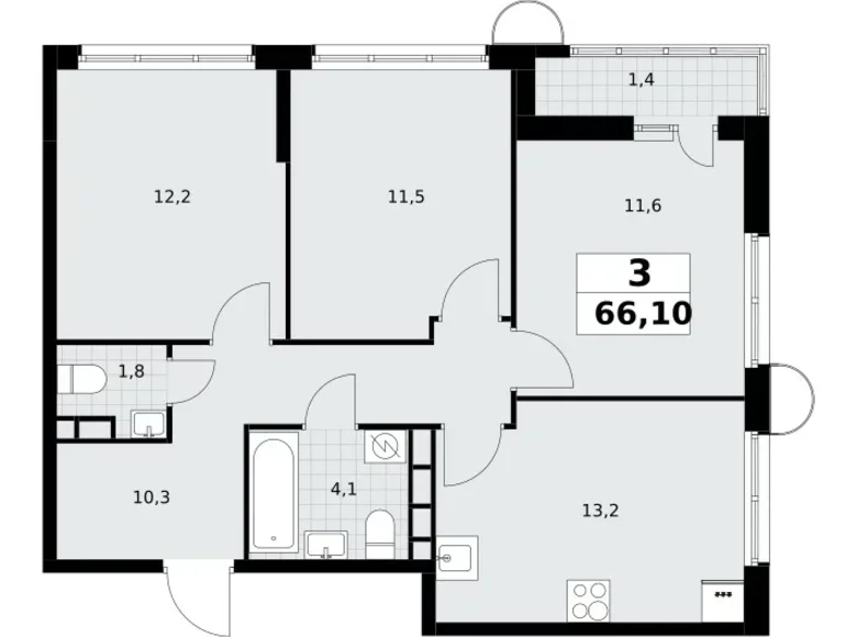 3 room apartment 66 m² Postnikovo, Russia