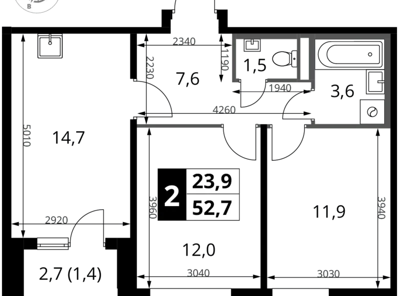 2 room apartment 53 m² Potapovo, Russia