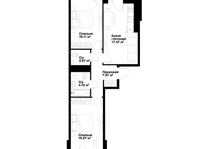 Kvartira 2 xonalar 65 m² Toshkentda