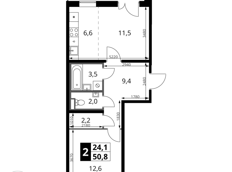 2 room apartment 51 m² Khimki, Russia