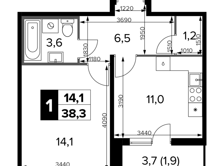 1 room apartment 38 m² Khimki, Russia