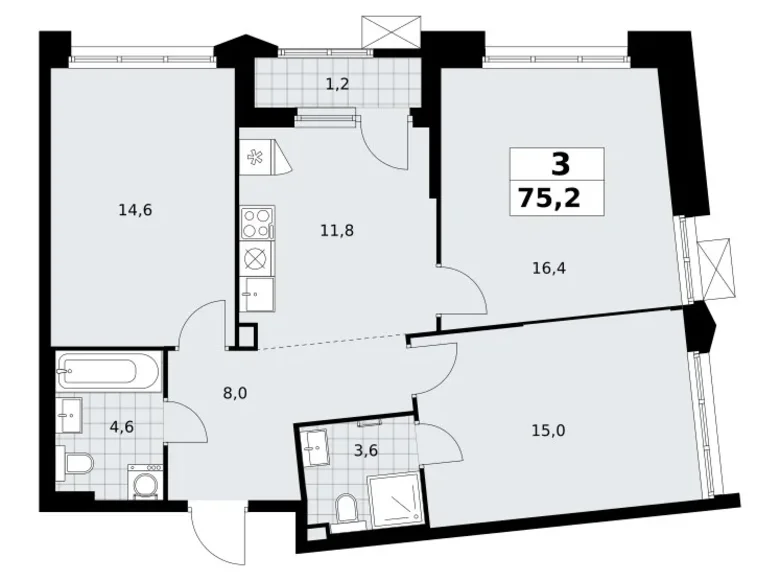 3 room apartment 75 m² Troitsk, Russia