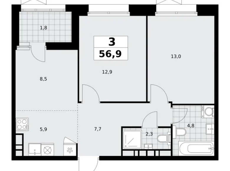 3 room apartment 57 m² Kommunarka, Russia