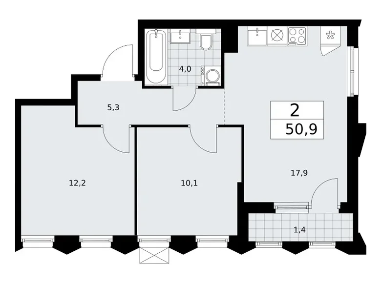 2 room apartment 51 m² Troitsk, Russia