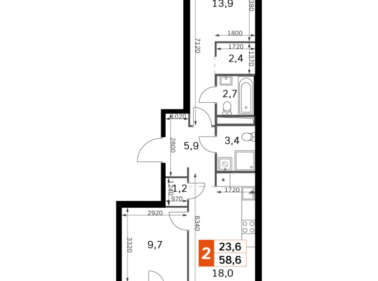 2 room apartment 58 m² Moscow, Russia