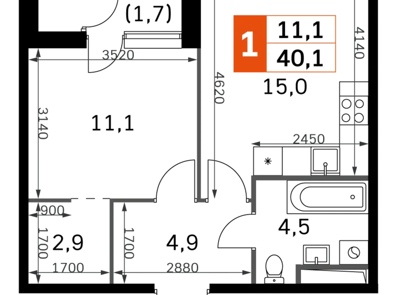 1 room apartment 40 m² Moscow, Russia