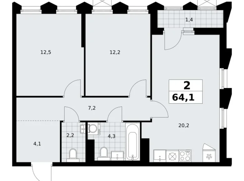 2 room apartment 64 m² Troitsk, Russia