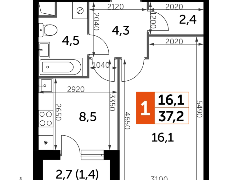 Квартира 1 комната 37 м² Развилка, Россия