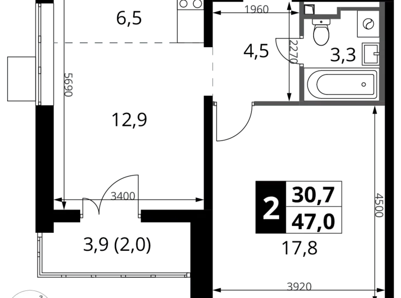 Appartement 2 chambres 47 m² Potapovo, Fédération de Russie