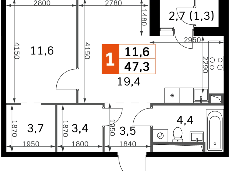 Квартира 1 комната 48 м² Москва, Россия