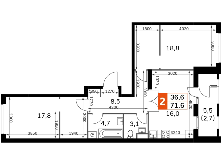 Квартира 2 комнаты 72 м² Москва, Россия