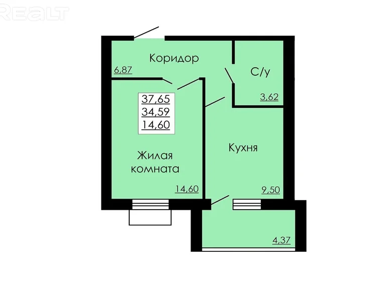 Квартира 1 комната 38 м² Жодино, Беларусь