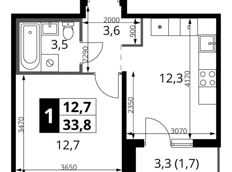 Квартира 1 комната 34 м² Ленинский район, Россия