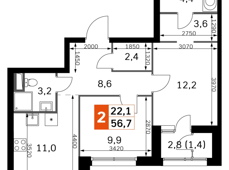 Квартира 2 комнаты 57 м² Москва, Россия