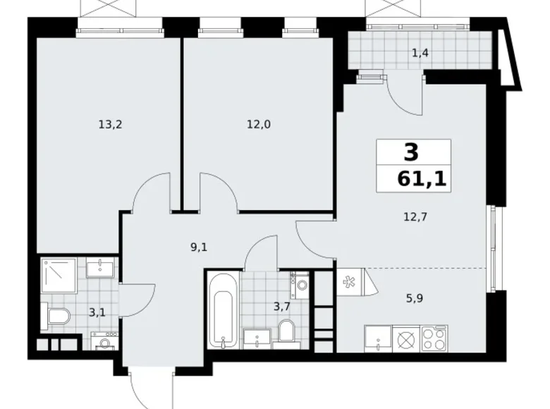 Apartamento 3 habitaciones 61 m² poselenie Sosenskoe, Rusia