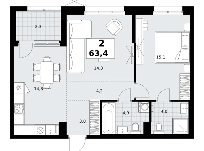 2 room apartment 63 m² Kommunarka, Russia