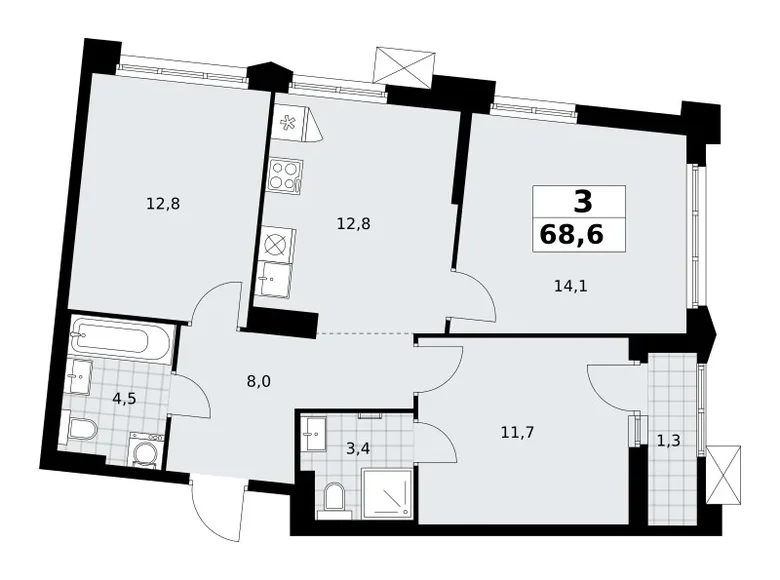 Квартира 3 комнаты 69 м² район Троицк, Россия