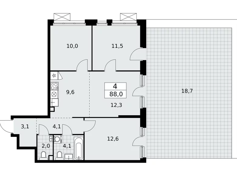 4 room apartment 88 m² Moscow, Russia