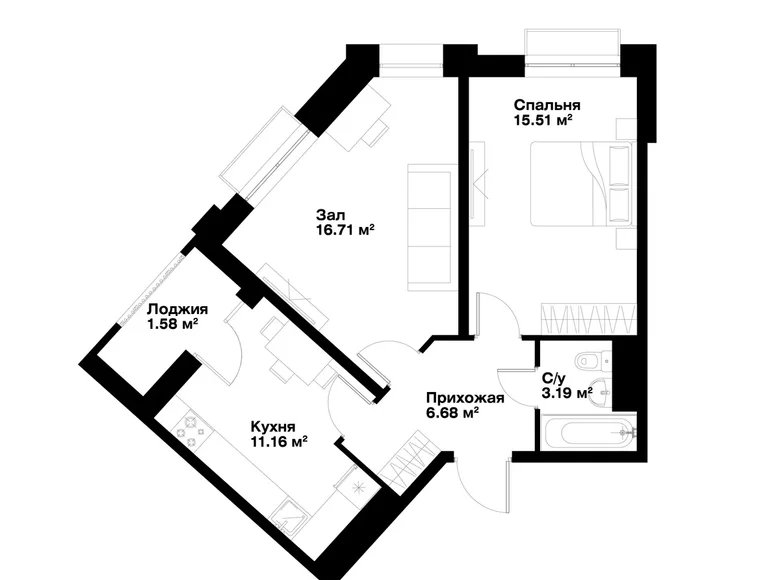 Квартира 2 комнаты 55 м² Ташкент, Узбекистан