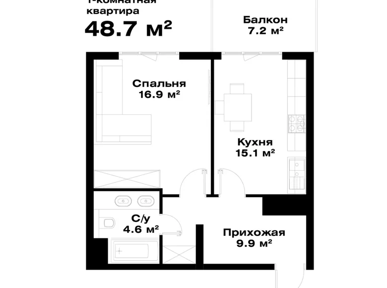 Kvartira 1 xona 49 m² Toshkentda