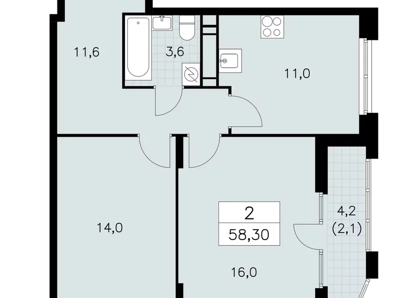 2 room apartment 58 m² Moscow, Russia