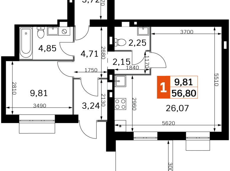 Квартира 1 комната 57 м² Одинцовский городской округ, Россия