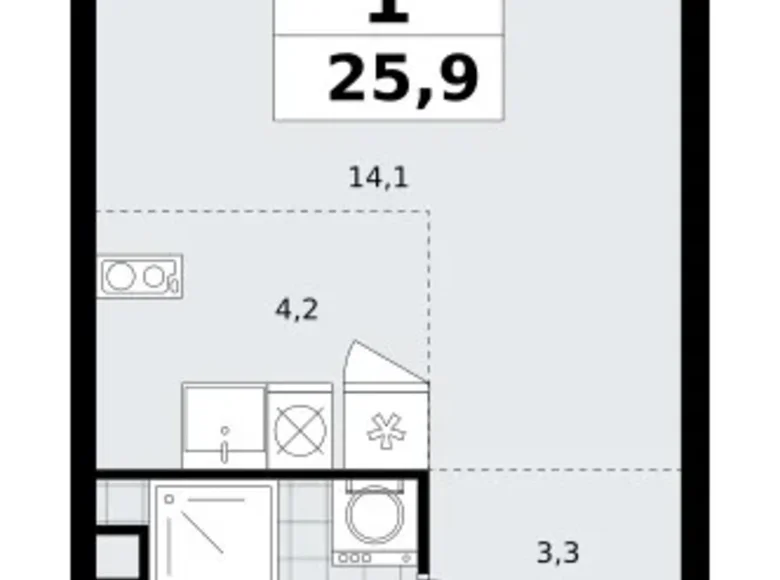 Квартира 1 комната 26 м² Юго-Западный административный округ, Россия