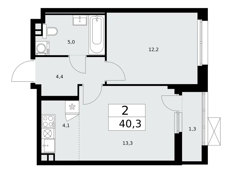 2 room apartment 40 m² Moscow, Russia