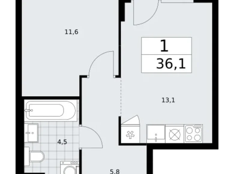 Квартира 1 комната 36 м² район Троицк, Россия