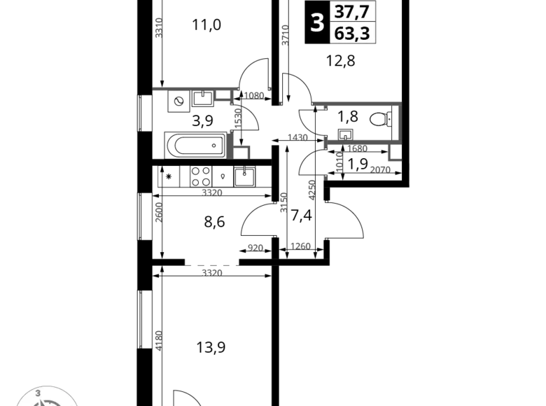 Mieszkanie 3 pokoi 63 m² rejon leniński, Rosja