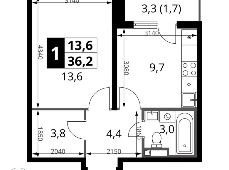 Квартира 1 комната 36 м² Potapovo, Россия