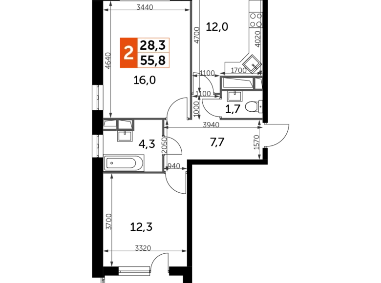 Apartamento 2 habitaciones 56 m² Veshki, Rusia