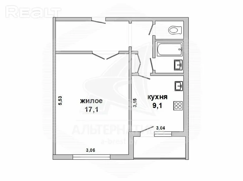 Квартира 1 комната 36 м² Хотислав, Беларусь