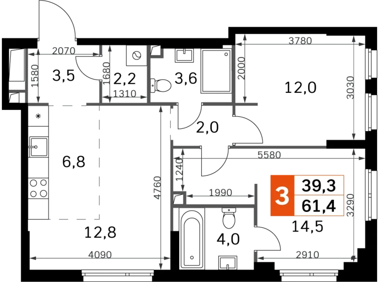 Квартира 3 комнаты 61 м² Северо-Западный административный округ, Россия