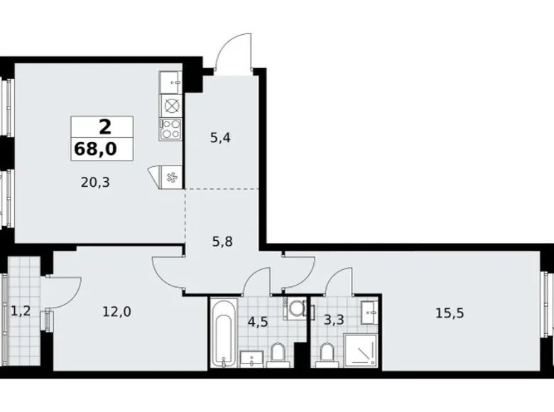2 room apartment 68 m² Troitsk, Russia