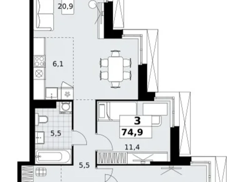 3 room apartment 75 m² Kommunarka, Russia