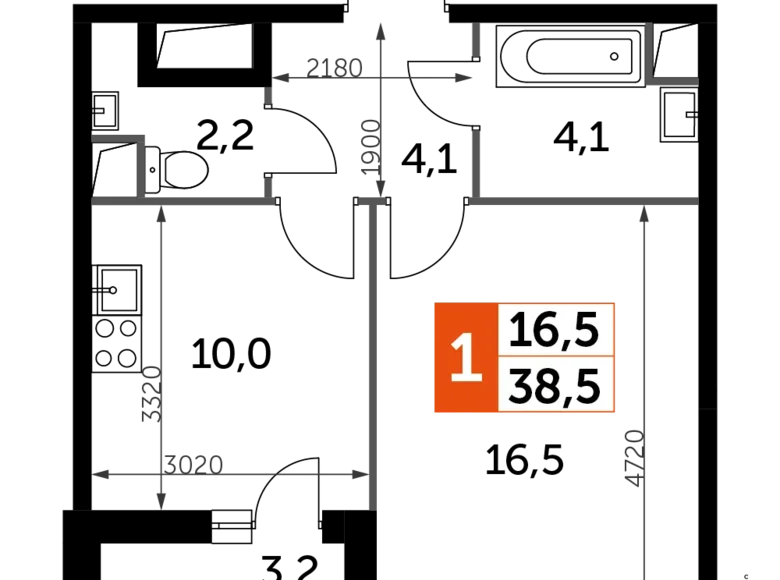 Квартира 1 комната 38 м² Развилка, Россия