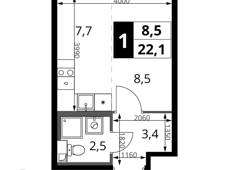 1 room studio apartment 22 m² Khimki, Russia