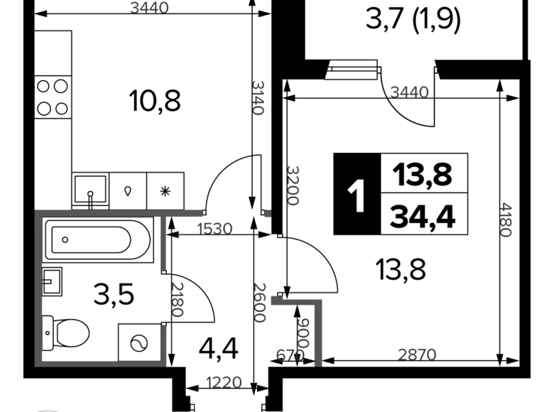 1 room apartment 34 m² Khimki, Russia