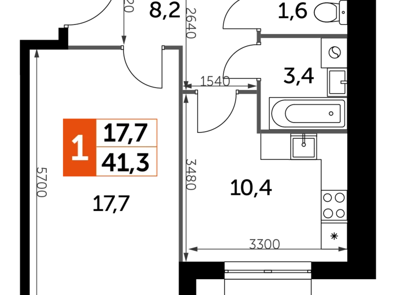 Mieszkanie 1 pokój 41 m² Razvilka, Rosja