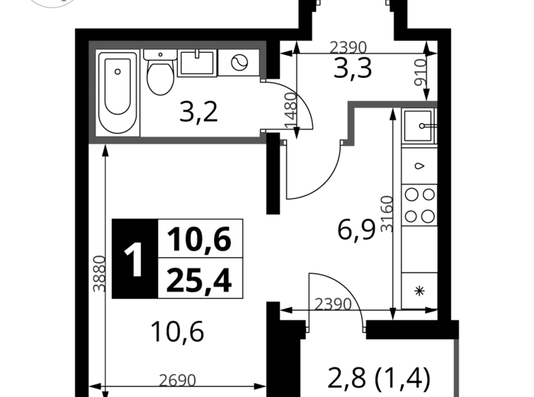 Студия 1 комната 25 м² Ленинский район, Россия