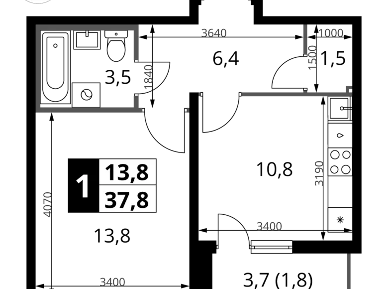 1 room apartment 38 m² Leninsky District, Russia