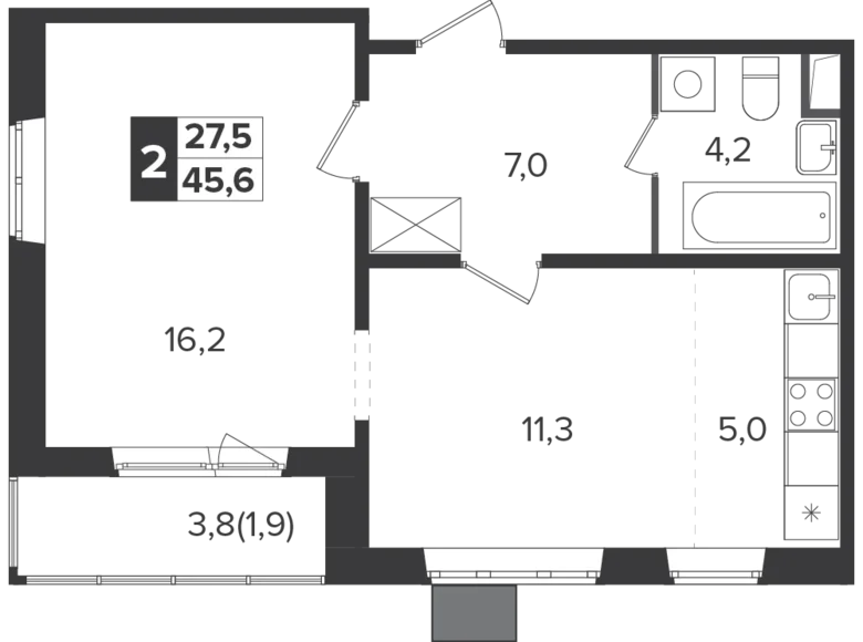 2 room apartment 45 m² Leninsky District, Russia