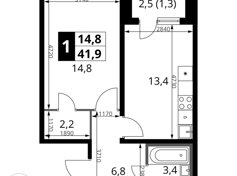 1 room apartment 42 m² Sapronovo, Russia