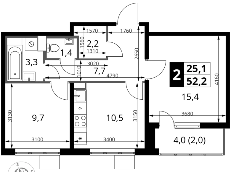 Mieszkanie 2 pokoi 52 m² rejon leniński, Rosja