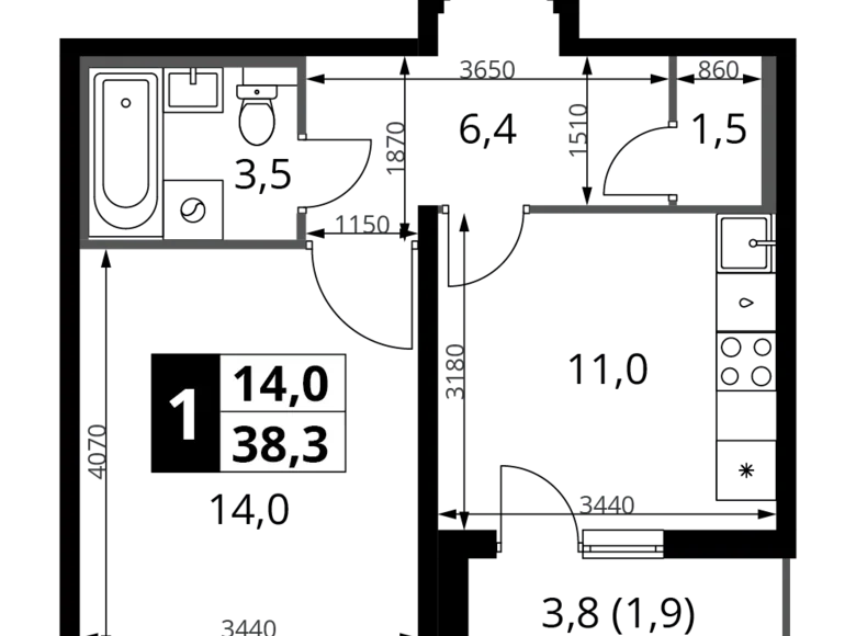 1 room apartment 38 m² Khimki, Russia