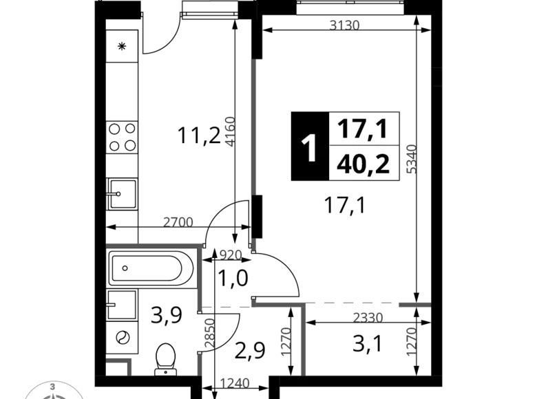 1 room apartment 40 m² Khimki, Russia