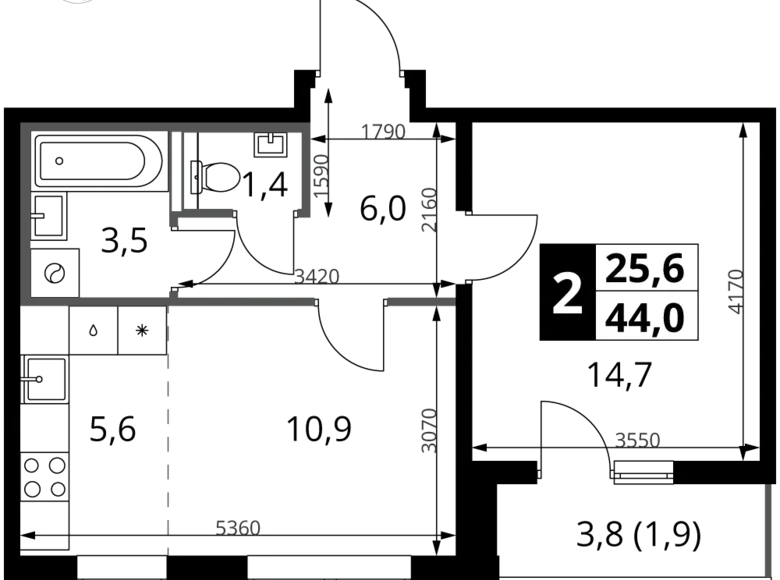 Appartement 2 chambres 44 m² Leninsky District, Fédération de Russie