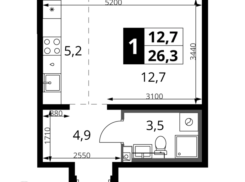 1 room studio apartment 26 m² Leninsky District, Russia