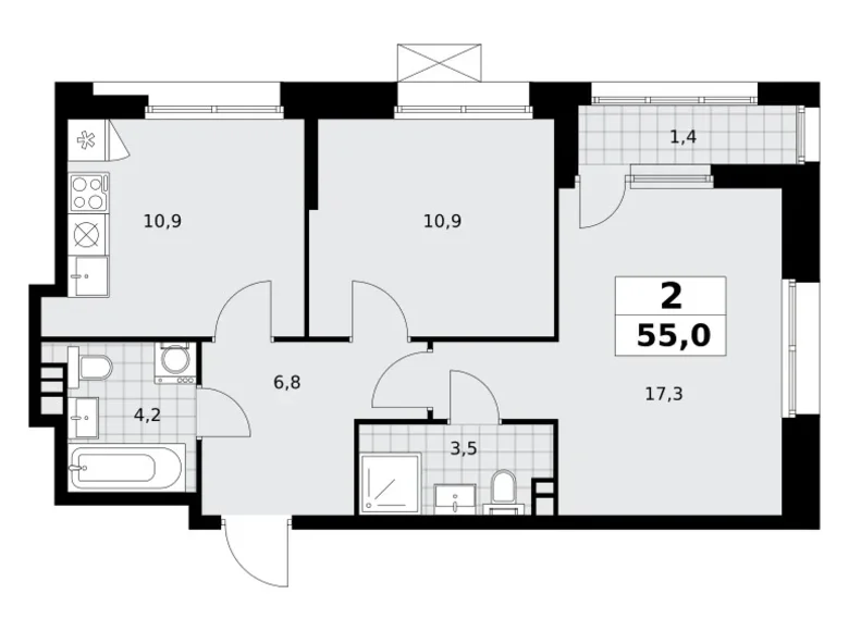 Mieszkanie 2 pokoi 55 m² poselenie Sosenskoe, Rosja